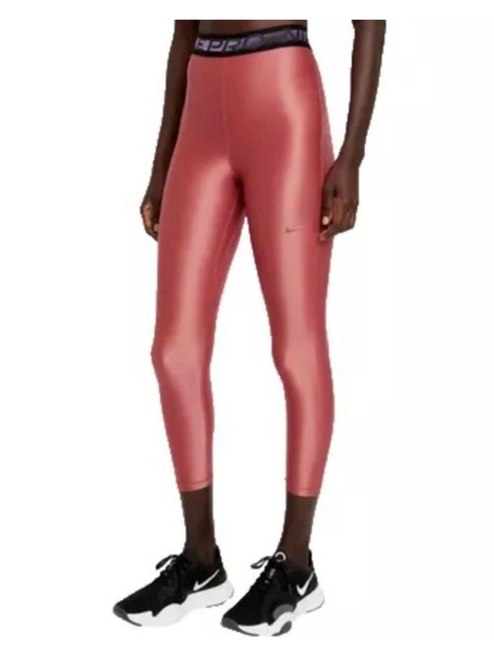 NEW Nike Size L Women's Pro Shiny High Rise 7/8 Leggings-Cool Rose DA0570-691